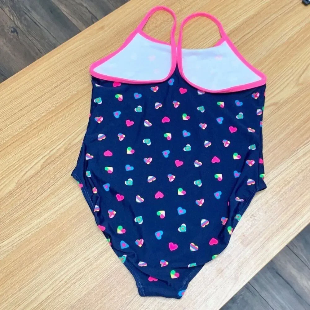 2/$20! OP Girls Deep Blue Colored Hearts All Over One Piece Bathing Suit Size XL
